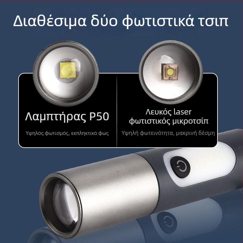 Φακός LED με κράμα αλουμινίου, επαναφορτιζόμενος, 5W, 1500mAh, εμβέλεια 100-200 m, πολλαπλών χρήσεων, προστασία από υπερφόρτιση