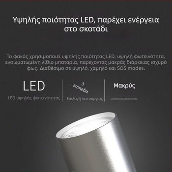 Φορητός LED φακός, σώμα από κράμα αλουμινίου, επαναφορτιζόμενος, υπερλεπτός, προστασία από υπερφόρτιση