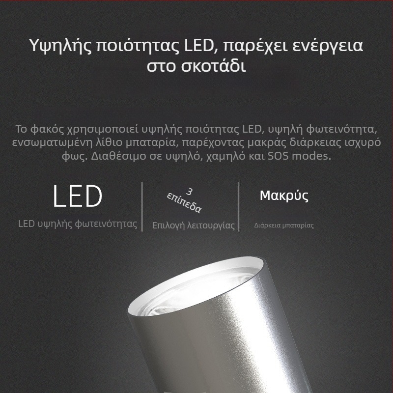 Φορητός LED φακός, σώμα από κράμα αλουμινίου, επαναφορτιζόμενος, υπερλεπτός, προστασία από υπερφόρτιση
