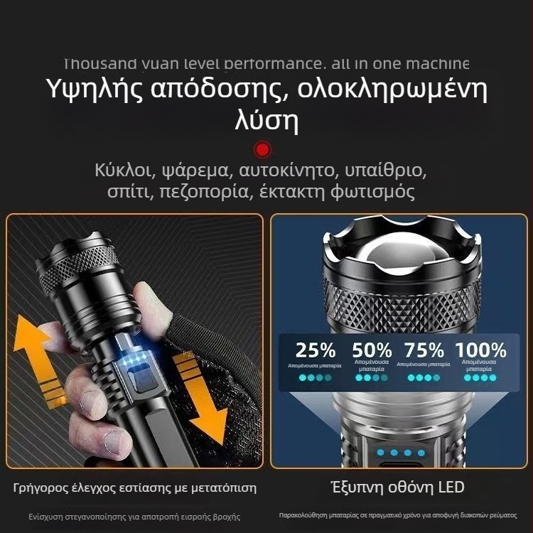 Φακός LED με LCD οθόνη, επαναφορτιζόμενη μπαταρία 18650, οπτικό ζουμ, εμβέλεια έως 500 μ, προστασία από υπερφόρτωση