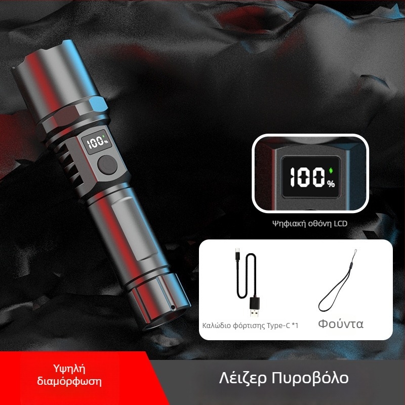 Φακός LED με LCD οθόνη, επαναφορτιζόμενη μπαταρία 18650, οπτικό ζουμ, εμβέλεια έως 500 μ, προστασία από υπερφόρτωση