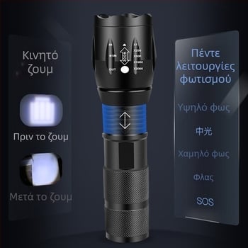 T6 LED φακός USB επαναφορτιζόμενος, 10W, 1800mAh, περιστροφή 360°