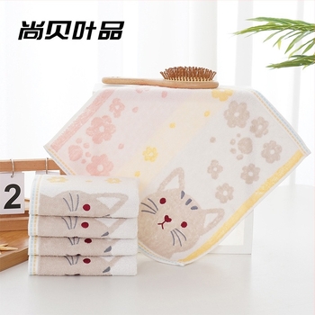 Παιδική πετσέτα από βαμβάκι με ίνα μπαμπού (70% βαμβάκι + 30% ίνα μπαμπού), μοτίβο γάτας, κεντημένη με Jacquard, τετράγωνο σχήμα