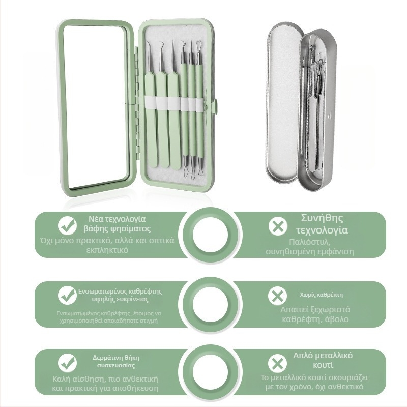 Σετ εργαλείων αντιμετώπισης ακμής, 5 τεμάχια, ανοξείδωτο ατσάλι, με καθρέφτη, μοντέλο fcztz-03