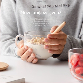 Γυάλινο μπολ πρωινού με καπάκι και λαβή για κουτάλι — κατάλληλο για γιαούρτι, βρώμη και γάλα; ανθεκτικό στη θερμοκρασία, κατασκευή πολλών στρώσεων