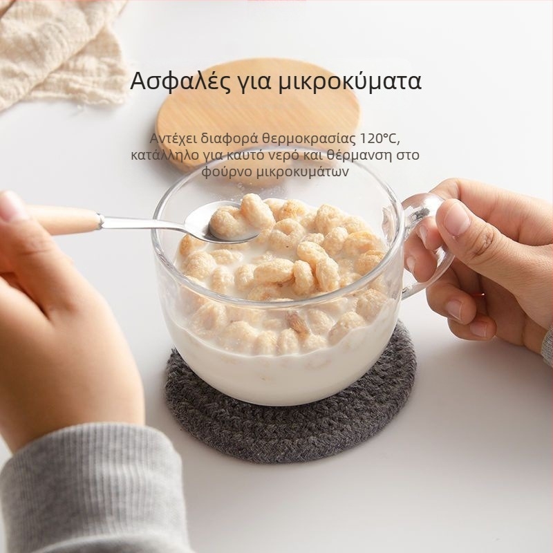 Γυάλινο μπολ πρωινού με καπάκι και λαβή για κουτάλι — κατάλληλο για γιαούρτι, βρώμη και γάλα; ανθεκτικό στη θερμοκρασία, κατασκευή πολλών στρώσεων