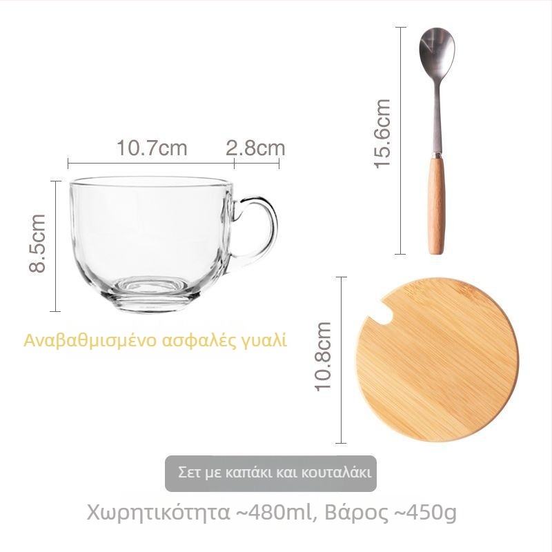 Γυάλινο μπολ πρωινού με καπάκι και λαβή για κουτάλι — κατάλληλο για γιαούρτι, βρώμη και γάλα; ανθεκτικό στη θερμοκρασία, κατασκευή πολλών στρώσεων