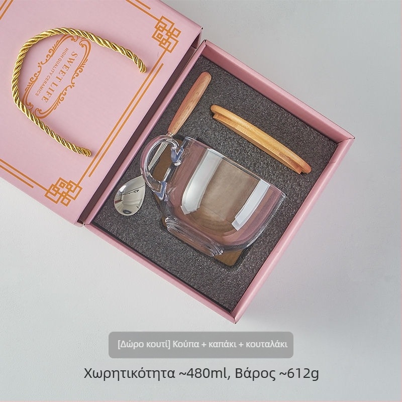 Γυάλινο μπολ πρωινού με καπάκι και λαβή για κουτάλι — κατάλληλο για γιαούρτι, βρώμη και γάλα; ανθεκτικό στη θερμοκρασία, κατασκευή πολλών στρώσεων