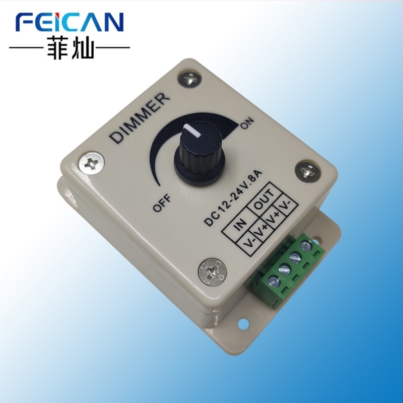 LED dimmer για ντουλάπα με χειροκίνητο περιστροφικό διακόπτη, ρύθμιση 0–100% χωρίς βήματα, DC 5V/12–24V, γραμμή εξόδου DC
