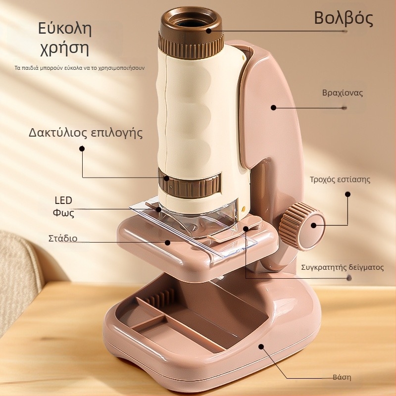 Χειροκίνητο φορητό μικροσκόπιο σε cartoon στυλ, mini τρί-in-one για εκπαίδευση στη βιολογία/χημεία, πλαστική κατασκευή, για ηλικίες 7–14.
