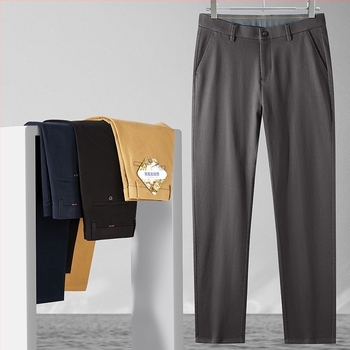 Αντρικά παντελόνια business casual, παχύ βαμβακερό ύφασμα, υψηλή μέση, ευθεία γραμμή, μονόχρωμα, φθινόπωρο