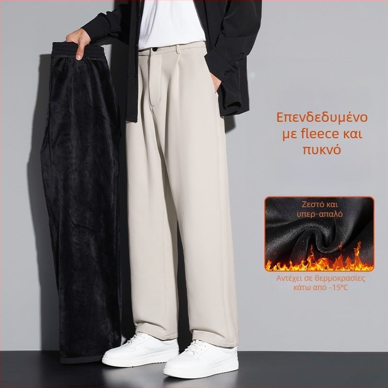 Ανδρικά παντελόνια business casual με ίσια γραμμή, επενδυμένα με φλίς, για τον χειμώνα, μεσαία μέση, κουμπί μπροστά, 95% πολυεστέρας, 5% σπάντεξ
