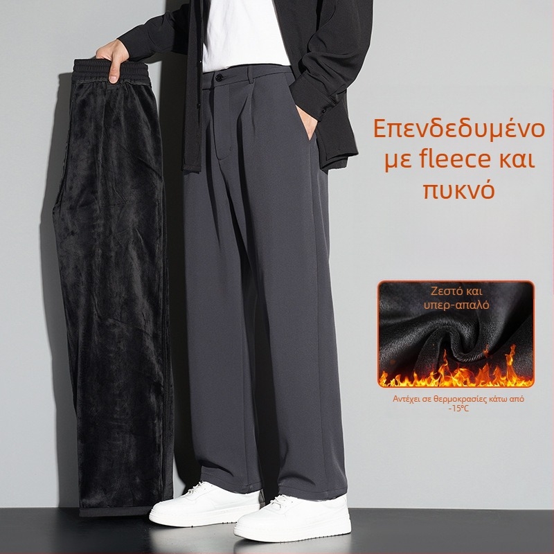 Ανδρικά παντελόνια business casual με ίσια γραμμή, επενδυμένα με φλίς, για τον χειμώνα, μεσαία μέση, κουμπί μπροστά, 95% πολυεστέρας, 5% σπάντεξ