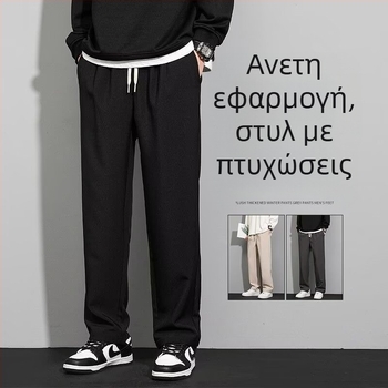 Ανδρικά casual παντελόνια σε στυλ Κορέας, ίσιο κόψιμο, μεσαία μέση, με κορδόνι στη μέση, διαπνέον πολυεστέρας 95%, χωρίς τσαλάκωμα