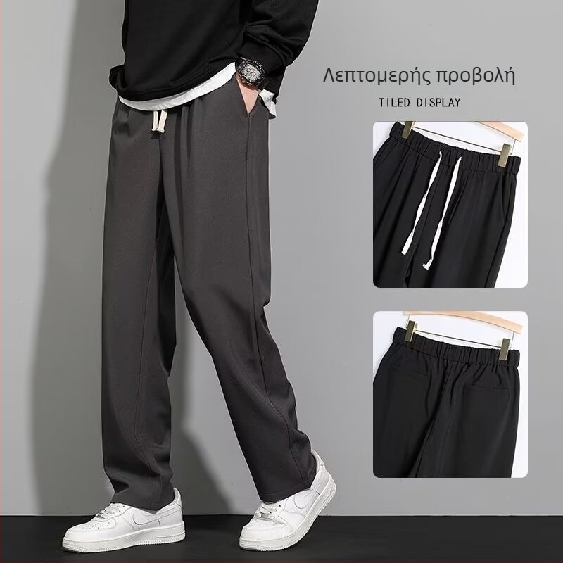 Ανδρικά casual παντελόνια σε στυλ Κορέας, ίσιο κόψιμο, μεσαία μέση, με κορδόνι στη μέση, διαπνέον πολυεστέρας 95%, χωρίς τσαλάκωμα