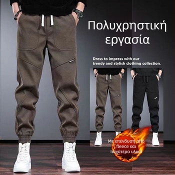 Ανδρικά παντελόνια corduroy με fleece lining, χαλαρή γραμμή, ριγέ σχέδιο, χειμώνας