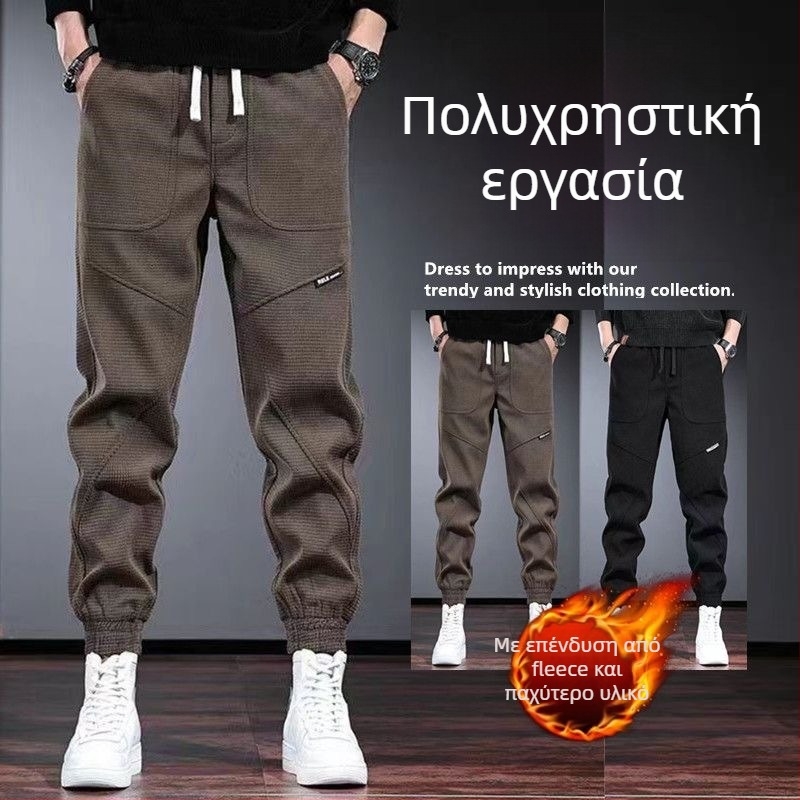 Ανδρικά παντελόνια corduroy με fleece lining, χαλαρή γραμμή, ριγέ σχέδιο, χειμώνας