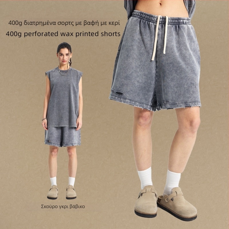 EXISTANCE Ανδρικά βαμβακερά σορτς με σχέδιο batik и σκισίματα - φαρδιά γραμμή, αστικός στυλ, καλοκαίρι 2025