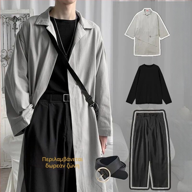 Σετ τριών τεμαχίων ανδρική windbreaker κορεατικής έκδοσης, με στάντ γιακά, μονόμπροστο κλείσιμο, λεπτός σχεδιασμός, modal ύφασμα, φόδρα 81-90%, παλτό άνοιξης 2025