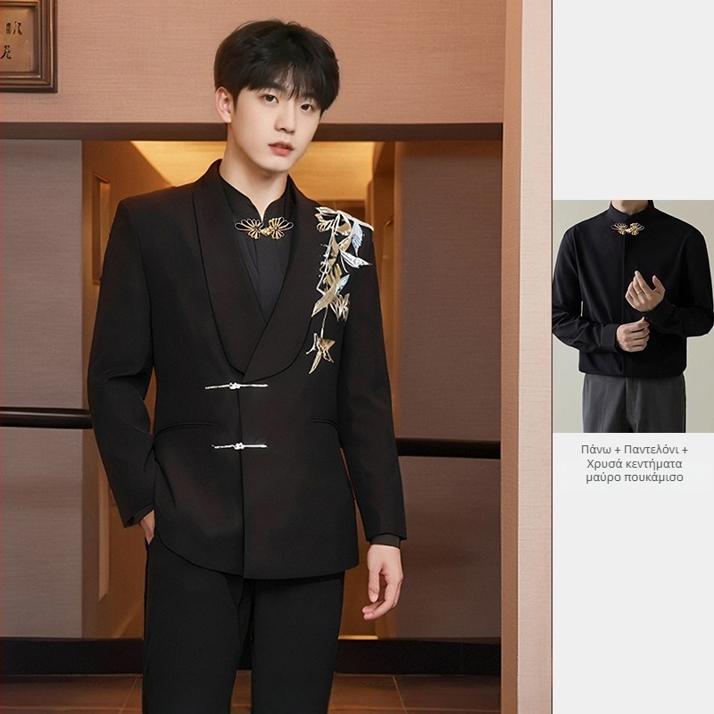 Γαμπρός σε κοστούμι γάμου Zhongshan — σακάκι με δύο κουμπιά, στενή γραμμή, ύφασμα πολυεστερική μίξη, πατσοφόρκ σχέδιο, για ανοιξιάτικους γάμους