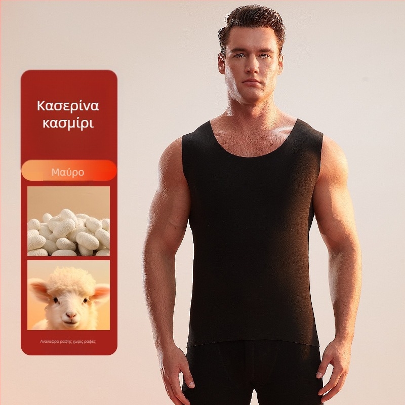 Ανδρικό θερμικό γιλέκο, ανάμειξη κασμίρι-πολυεστέρα, παχύ ύφασμα 251–300 g/m², στρογγυλός γιακάς, κατάλληλο για χειμώνα, άνοιξη και φθινόπωρο