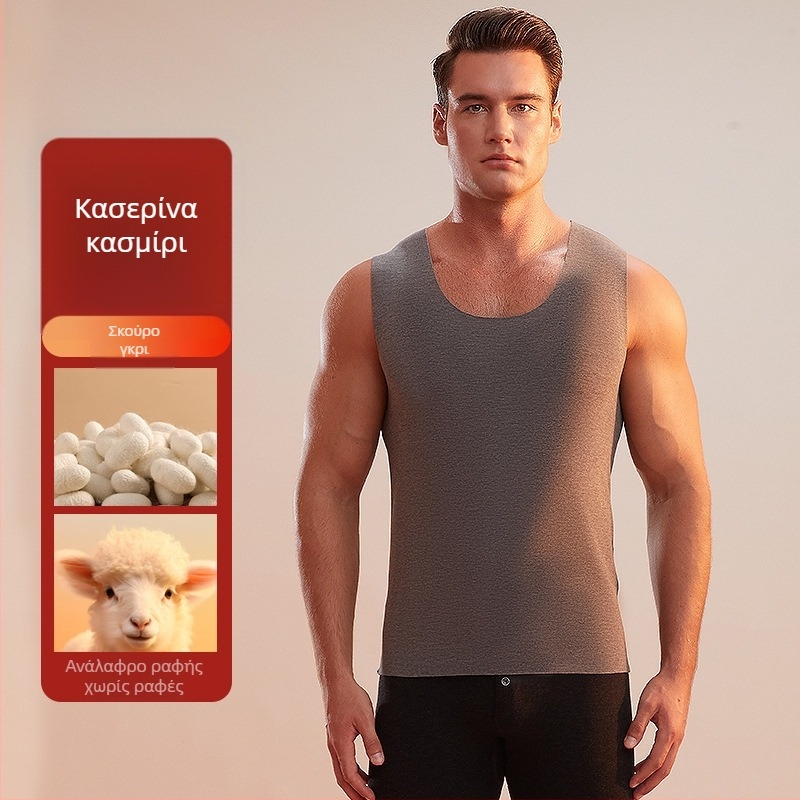 Ανδρικό θερμικό γιλέκο, ανάμειξη κασμίρι-πολυεστέρα, παχύ ύφασμα 251–300 g/m², στρογγυλός γιακάς, κατάλληλο για χειμώνα, άνοιξη και φθινόπωρο