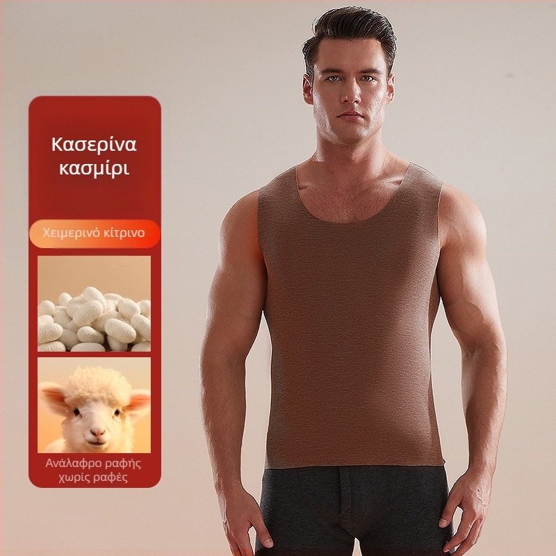 Ανδρικό θερμικό γιλέκο, ανάμειξη κασμίρι-πολυεστέρα, παχύ ύφασμα 251–300 g/m², στρογγυλός γιακάς, κατάλληλο για χειμώνα, άνοιξη και φθινόπωρο
