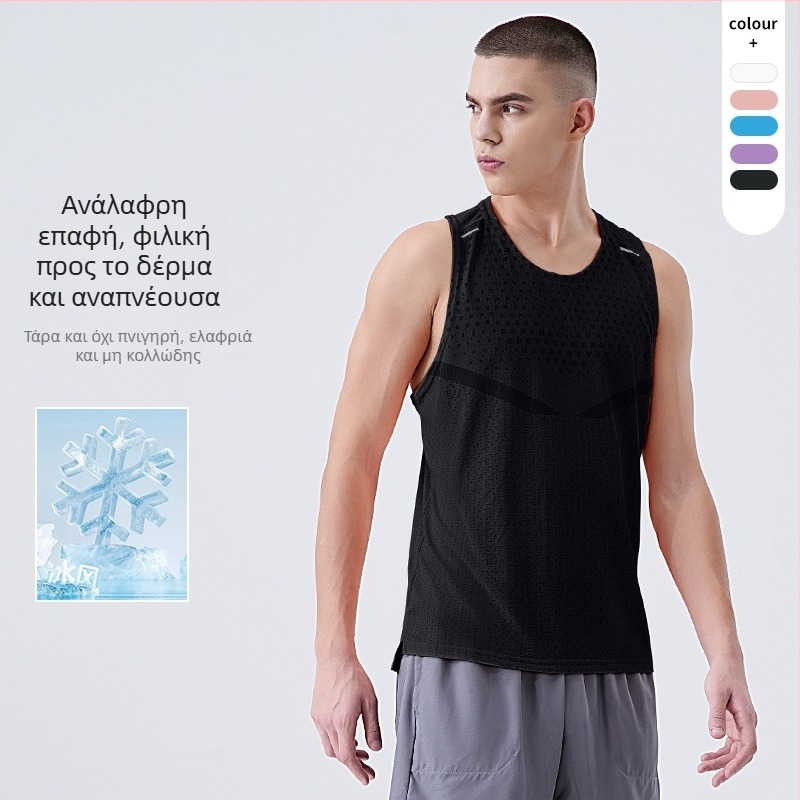 Ανδρικό γρήγορο-στεγνώνων χωρίς μανίκια αθλητικό γιλέκο για τρέξιμο — καρό σχέδιο, 100% πολυεστέρας, Ice Silk, απορροφά τον ιδρώτα, καλοκαίρι