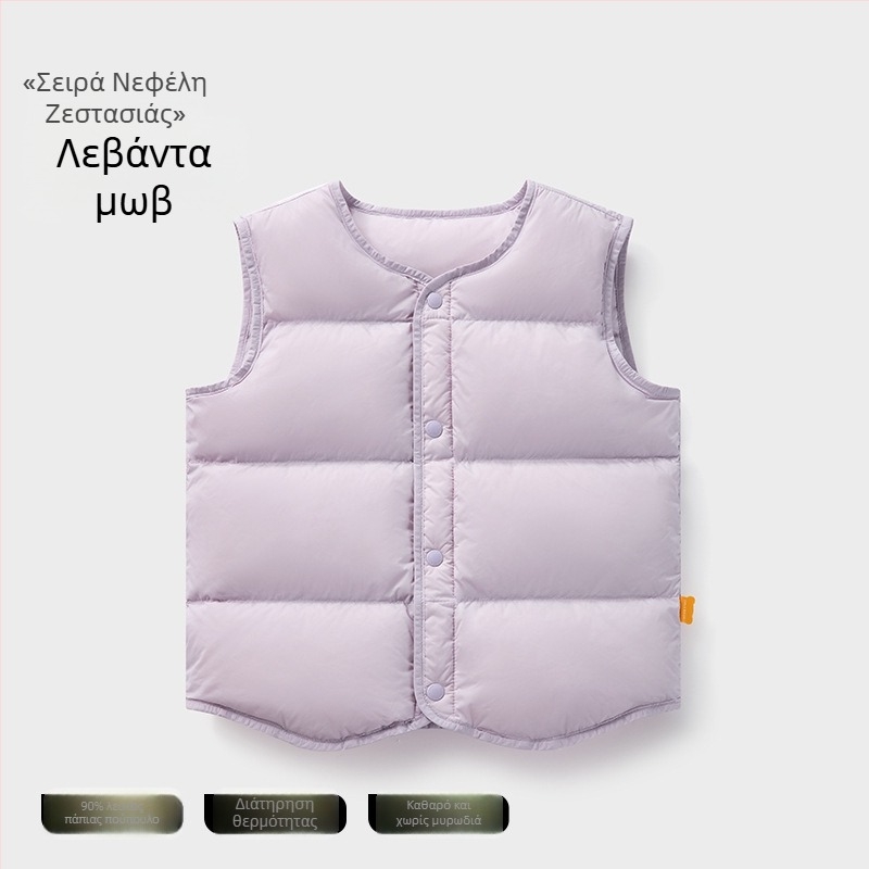 Παιδικό γιλέκο από down για τον χειμώνα, χωρίς μανίκια; γέμισμα: 90% λευκός πάπιας down; εξωτερικό ύφασμα και επένδυση από νάιλον; μήκος μεσαίο, άνετη γραμμή; για βρέφη και νήπια 1–3 ετών.
