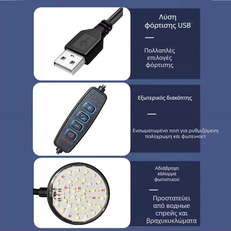 Φωτιστικό LED ενυδρείου – 6W, USB κλιπ-όν, 360° φωτισμός, κατά της ανάπτυξης φυκών, αδιάβροχο, ABS σώμα