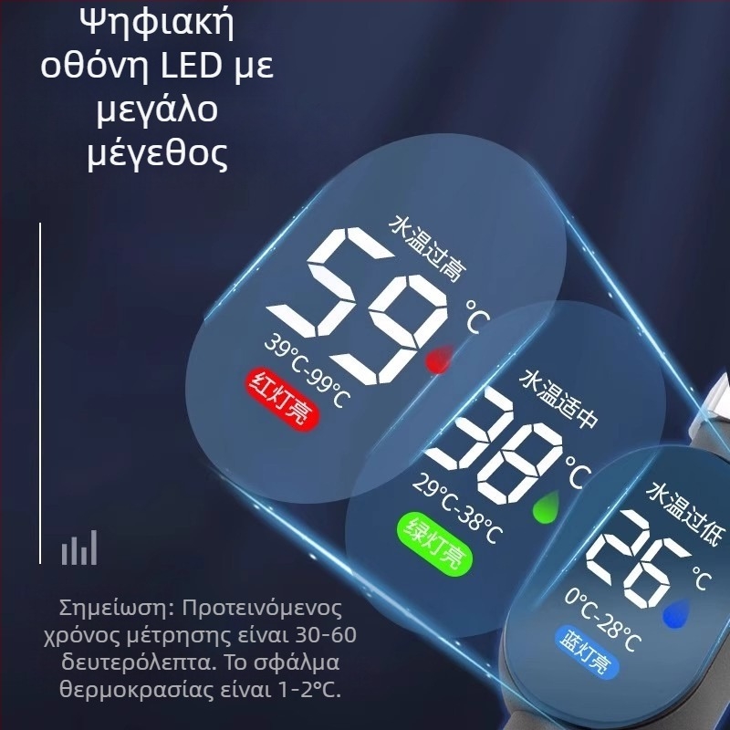 Θερμόμετρο ντους για μέτρηση θερμοκρασίας νερού με LED οθόνη, κατάλληλο για μπάνιο μωρών και παιδιών (Μάρκα: Lipherton; Εύρος θερμοκρασίας: 0–90°C; Ρύθμιση: Διαθέσιμη)
