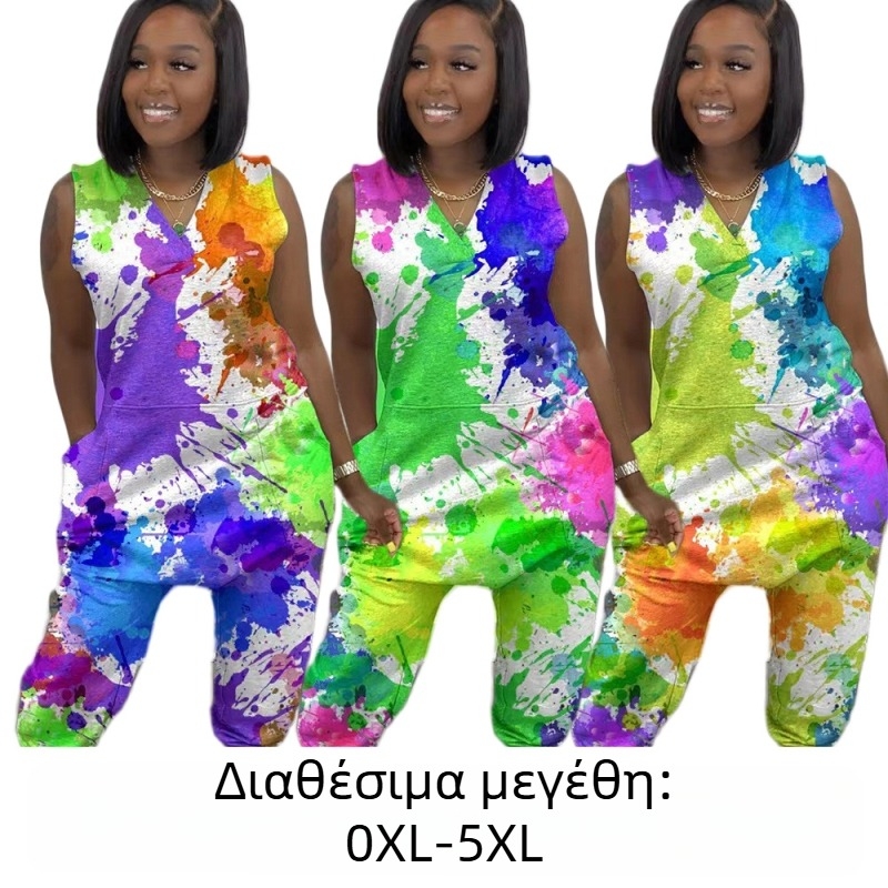 XT8310 Tie-Dye jumpsuit, Πολυεστέρας 95%+, χωρίς μανίκια, στενά παντελόνια, Καλοκαίρι 2023