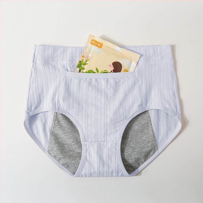 Γυναικείες βαμβακερές εσώρουχες περιόδου με υψηλή μέση, διαπνοή, προστασία μπροστά και πίσω από διαρροές; κύριο ύφασμα 95% βαμβάκι, επένδυση καβάλου 90% βαμβάκι