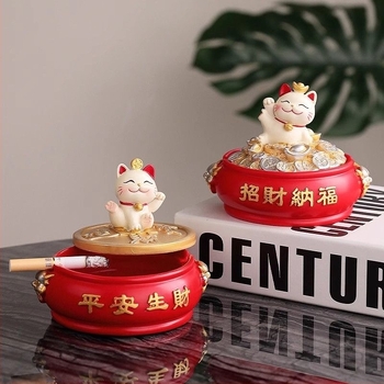 Τασάκι από ρητίνη με Μανεκίνε-Νέκο, με καπάκι, διακοσμητικό χαραγμένο για σπίτι και γραφείο, κωδικός y1120, κατασκευασμένο στην Κίνα, εξαγωγική αποκλειστικότητα διασυνοριακού εμπορίου