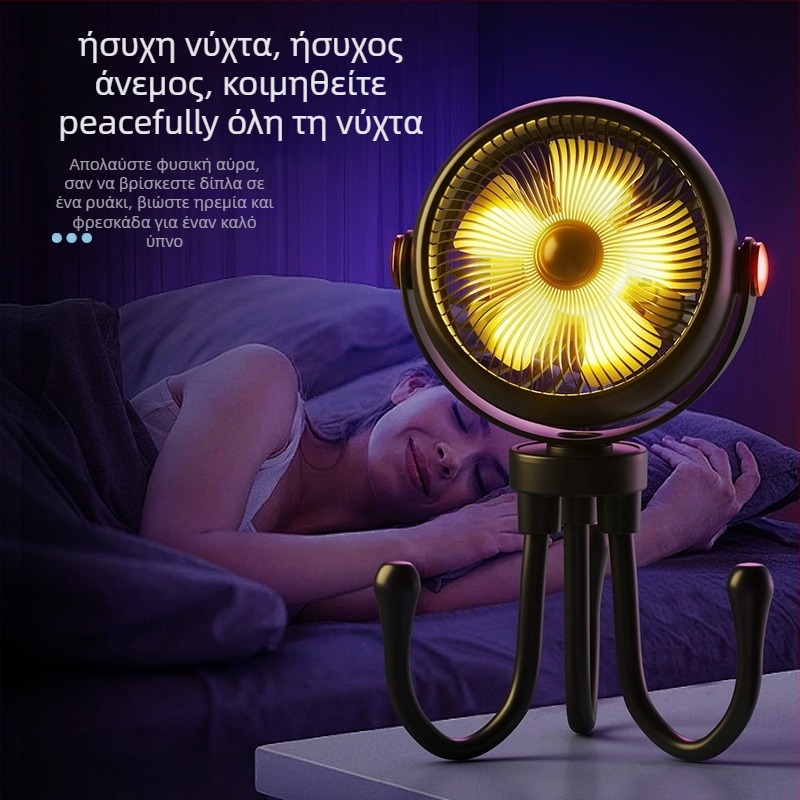 Χειροκίνητος ανεμιστήρας με οκτώ βραχίονες για καρότσια και ταξίδια, USB επαναφορτιζόμενος, ενσωματωμένη μπαταρία 800–1000 mAh, 3 λεπίδες, 3 ταχύτητες, θόρυβος 36–45 dB