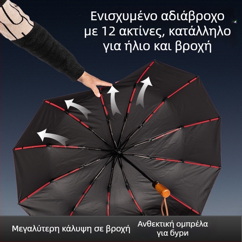Αναδιπλούμενο ομπρέλα με ξύλινο χερούλι, 24 βραχίονες, αυτόματο άνοιγμα και κλείσιμο, δυνατότητα εκτύπωσης λογότυπου, UV προστασία UPF50+