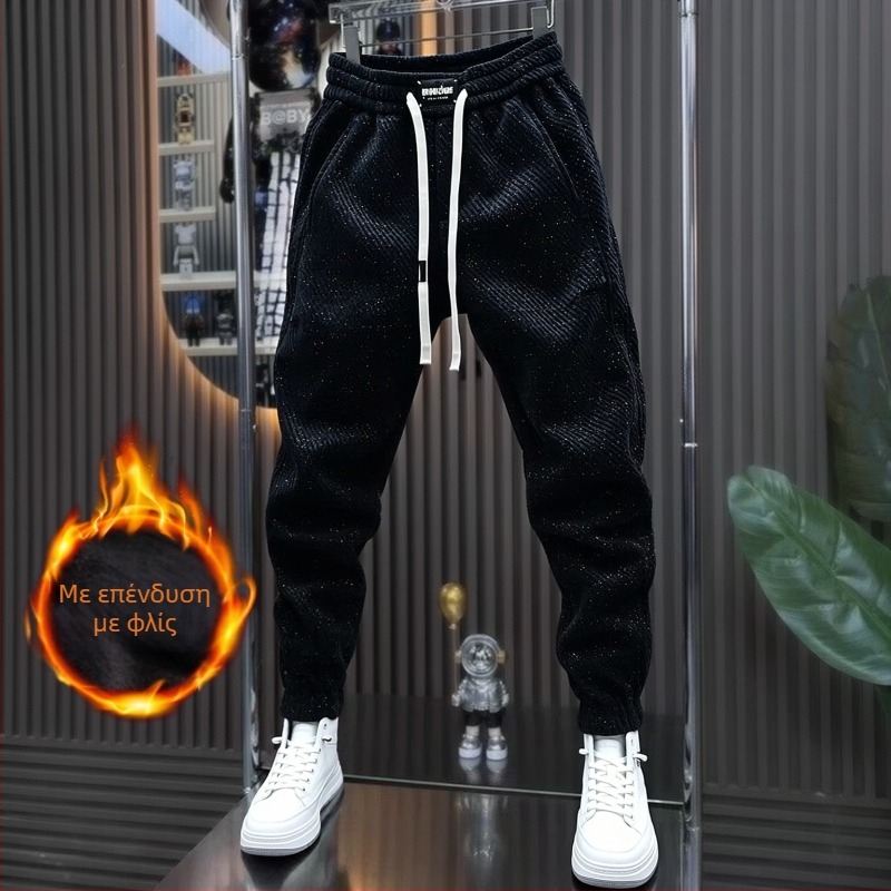 Ανδρικά παντελόνια φλις με ίσιο κόψιμο, χειμώνας 2025, μεσαία μέση, ύφασμα πολυεστερ-βαμβάκι (95% πολυεστέρα), casual αθλητικά παντελόνια