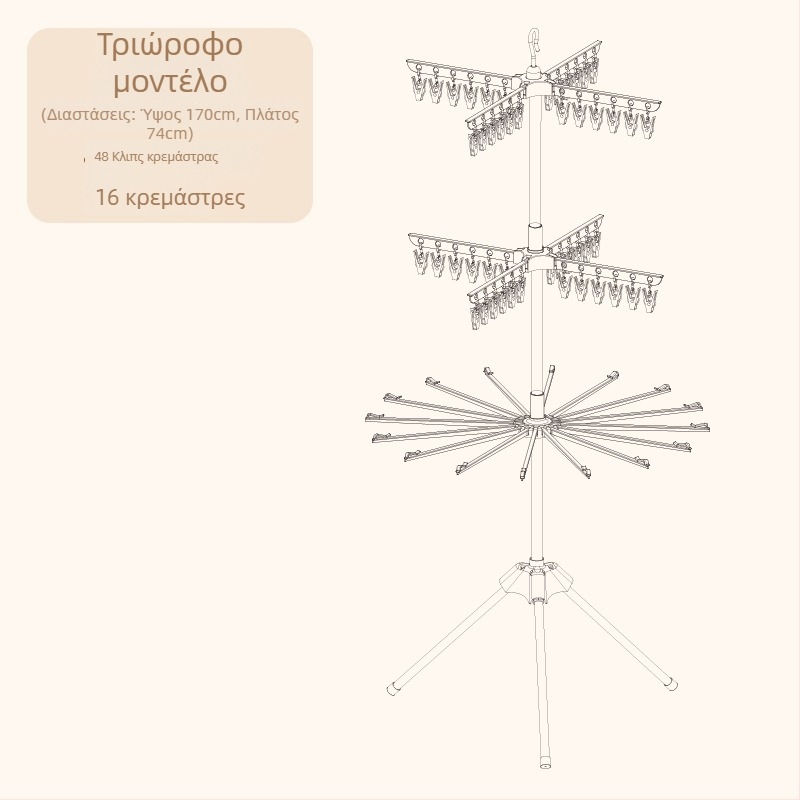 Στάντ αποξήρανσης βρεφικών ρούχων, κινητός, επιδαπέδιος, κυκλικός σχεδιασμός με κλιπ, πλαστικό