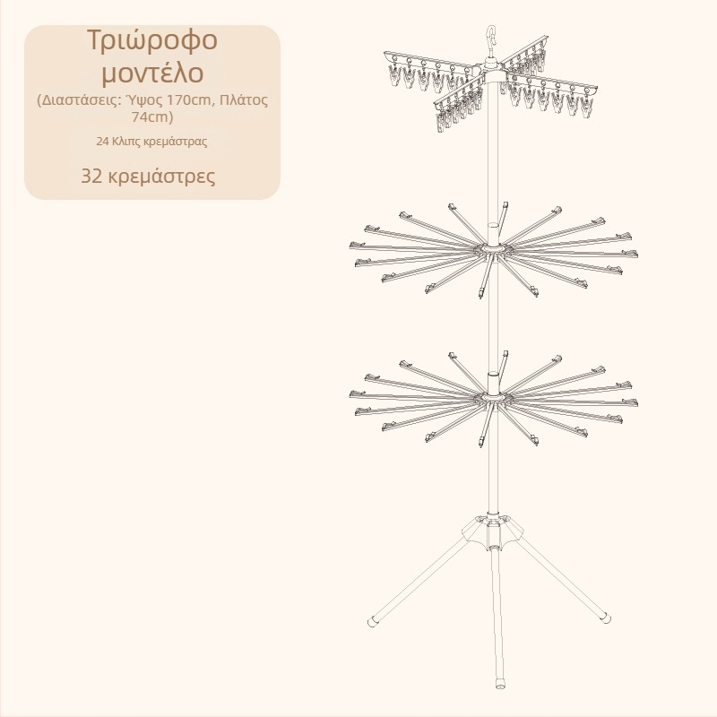 Στάντ αποξήρανσης βρεφικών ρούχων, κινητός, επιδαπέδιος, κυκλικός σχεδιασμός με κλιπ, πλαστικό