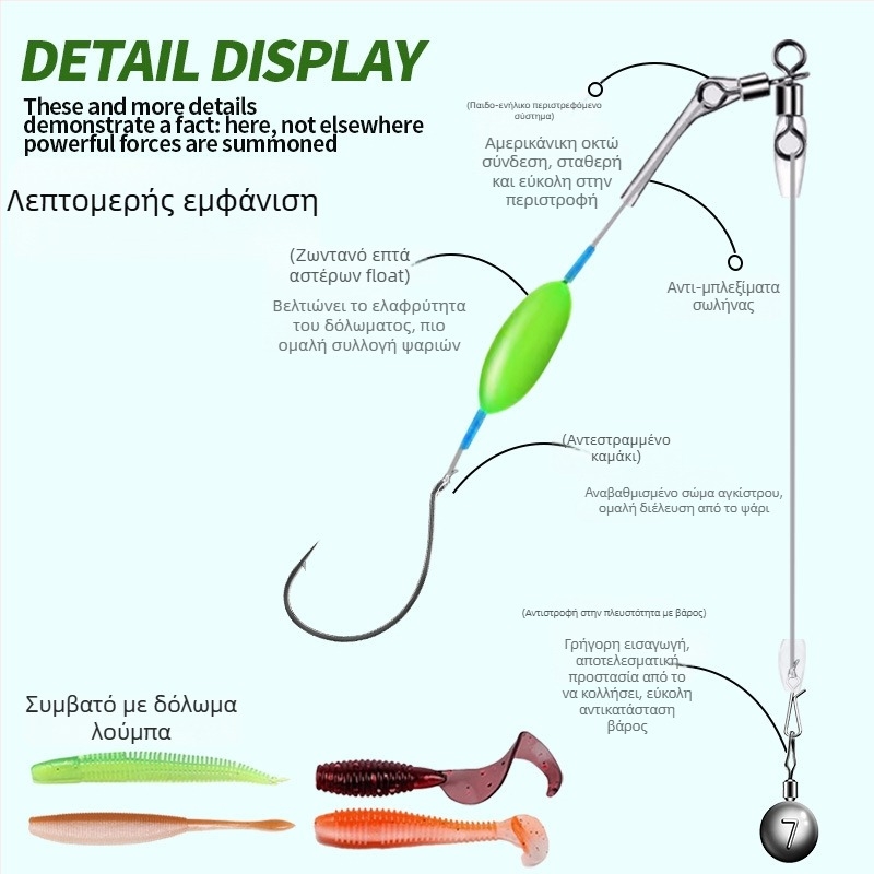 Κιτ ψαρέματος με νάιλον νήμα, επιπλέουσα διάταξη, ανάποδο αγκίστρι, γραμμή χωρίς μόλυβδο