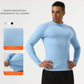 Ανδρικό μακρυμάνικο τοπ συμπίεσης για γυμναστήριο, μονόχρωμο, ύφασμα από μίγμα χημικών ινών, 75% νάιλον, επένδυση 25% σπάντεξ, γρήγορο στέγνωμα και διαπνοή, κατάλληλο για χειμώνα, άνοιξη και φθινόπωρο
