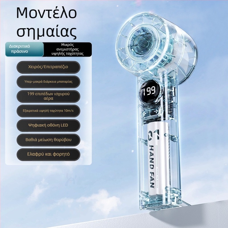 Χειροκίνητος Μίνι Ανεμιστήρας, 6 ταχύτητες ροής αέρα, Ενσωματωμένη μπαταρία 1200–2000mAh, Επαναφορτιζόμενος, 3 λεπίδες, Αθόρυβη λειτουργία (<36 dB), Τάση 5V