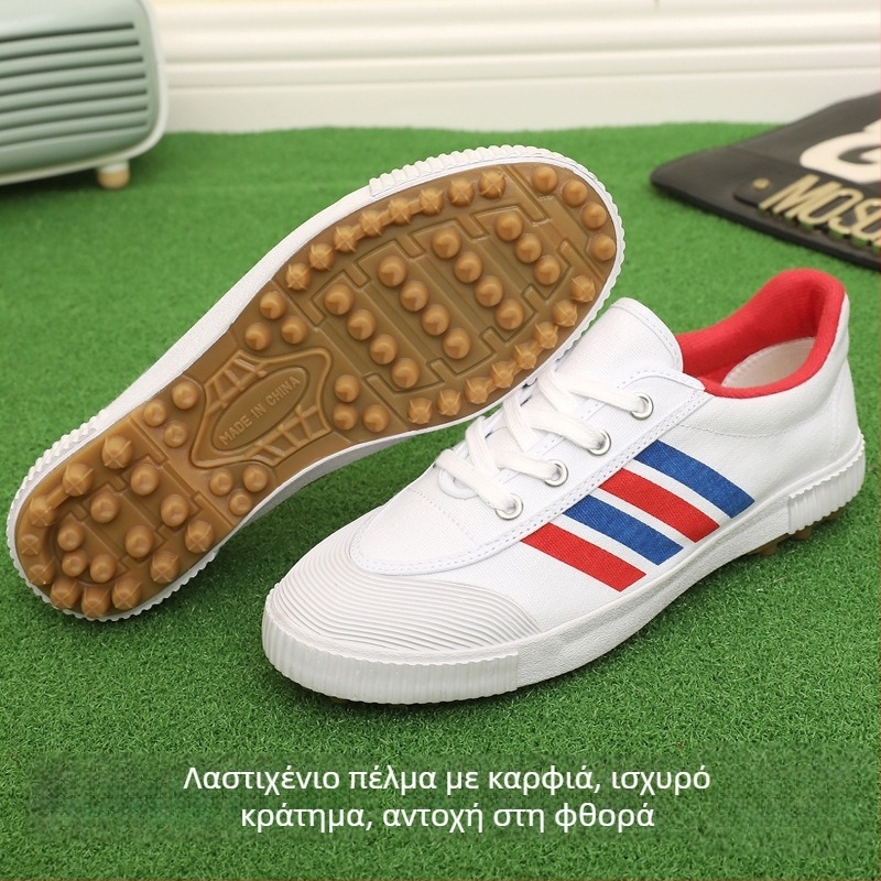 Ποδοσφαιρικά παπούτσια για χόρτο – ελαφριά, διαπνέοντα, ανθεκτικά; επάνω μέρος από καμβά, σόλα καουτσούκ, κορδόνια, χαμηλό προφίλ.