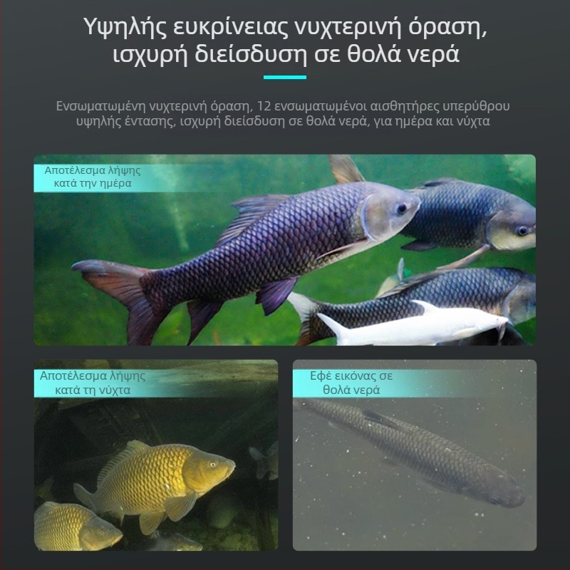 Κάμερα υποβρύχιας αλιείας με νυχτερινή όραση, φορητή με HD οθόνη, προσαρμόσιμος ανιχνευτής (Βάθος: 0.6–73 m; Τροφοδοσία: DC 10–18V; Καλώδιο: 10–30 m)