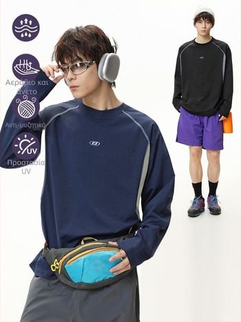 Μπλουζάκι με μακριά μανίκια, αντηλιακή προστασία, κεντημένο, χαλαρή γραμμή, 100% πολυεστέρας