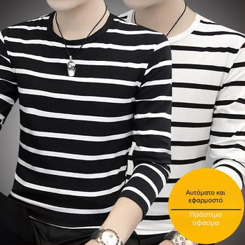 Ανδρικό T-shirt με μακριά μανίκια, ριγέ, στρογγυλός λαιμός, στενή γραμμή, λεπτό πολυεστερικό ύφασμα, φθινόπωρο-χειμώνας