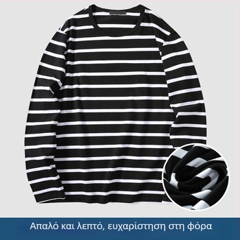 Ανδρικό T-shirt με μακριά μανίκια, ριγέ, στρογγυλός λαιμός, στενή γραμμή, λεπτό πολυεστερικό ύφασμα, φθινόπωρο-χειμώνας