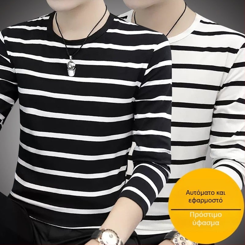 Ανδρικό T-shirt με μακριά μανίκια, ριγέ, στρογγυλός λαιμός, στενή γραμμή, λεπτό πολυεστερικό ύφασμα, φθινόπωρο-χειμώνας