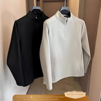 Ανδρικό polo με κέντημα, μακριά μανίκια, ριγέ σχέδιο, φαρδιά γραμμή, πολυεστερικό ύφασμα