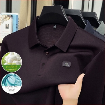 Ανδρικό πόλο με μακριά μανίκια, άνετη γραμμή; ύφασμα από μείγμα Mulberry μεταξιού με πολυεστέρα/Lyocell/Spandex, διαπνοή και απομάκρυνση υγρασίας, για άνοιξη-φθινόπωρο